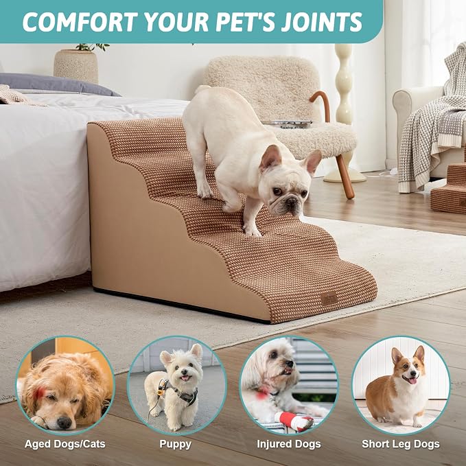 COZY KISS Extra Wide Dog Stair for Small Dog, 5 Step Pet Ramp for Bed | Curved Stable Dog Step for Puppy, Older Cat, Senior, Medium, Short-Legged Dog, Non-Slip Ladder for High Bed, Light Brown