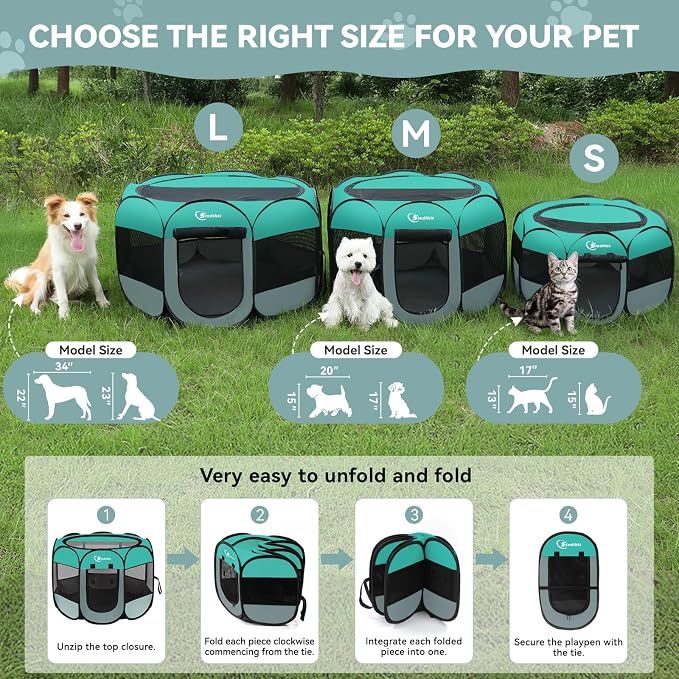 Siedihit Playpen for Small Dog Cat, Dogs Tent Crate Cage Indoor/Outdoor, Portable Pop Up Dog Kennel with Carrying Bag for Rabbits, Removable Top (Green, Small)