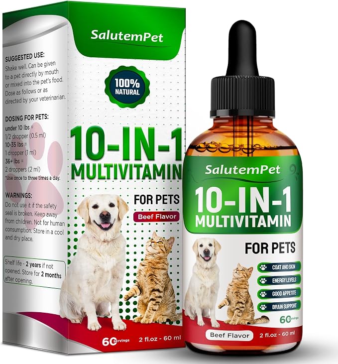 Сat Vitamins for Indoor Cats – Liquid 10-in-1 Multivitamin for Dogs – C, D3, B Group, for Skin, Coat, & Breathing – Natural Protection for Pets of All Ages – For Digestion & Bones – Beef Flavor – 2 Oz