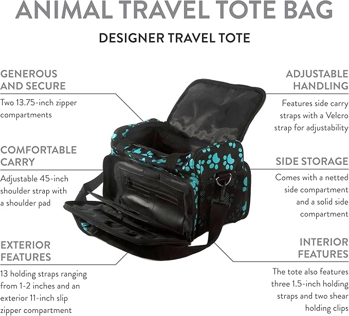 WAHL Professional Animal Travel Tote Bag with Zipper, 28.8in, Turquoise Paw Print