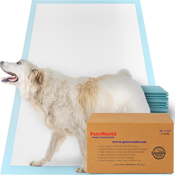 PETSWORLD Premium Extra Large Dog Pee Pads (43" x 74") – Jumbo Puppy Training & Incontinence Pads for Large Dogs & Multi-Pet Homes – Leak-Proof, Odor Control, 5-Layer Absorbency, 25 Count