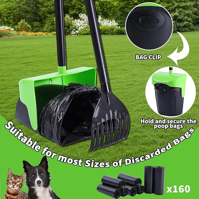 ienjoyed Pooper Scooper Large Swivel Bin & Rake with 160 Waste Bags,Heavy Duty Dog Pooper Scooper with Bag Attachment for Dogs, Long Handle Poop Scooper with Lid for Yard, Grass, Gravel(Green)