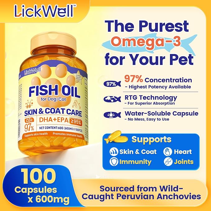 Fish Oil Pet Up to 97% Omega 3, 600 mg Omega 3 Per Soft Gel, Dog Fish Oil Supplement ≥95% EPA and DHA, Promotes Skin, Coat, Joint, and Immune Health, 100 Capsules