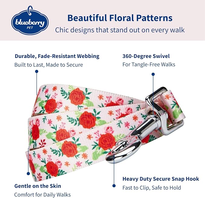 Blueberry Pet Essentials Spring Scent Inspired Garden Floral Dog Leash in Baby Pink, 5 ft x 5/8", Small, Leashes for Dogs