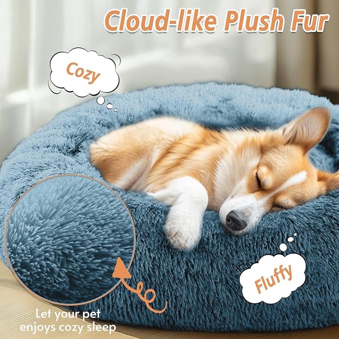 JOLLYVOGUE 36" Calming Donut Dog Bed, Blue