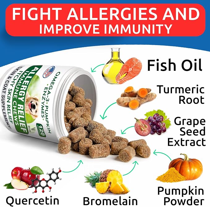 Allergy Relief + Probiotics & Digestive Enzymes for Dogs - Anti-Itch Skin & Coat Supplement - Omega 3 Fish Oil - Gut Health - Pet Diarrhea Gas Treatment, Upset Stomach Relief Pills, Digestion Health