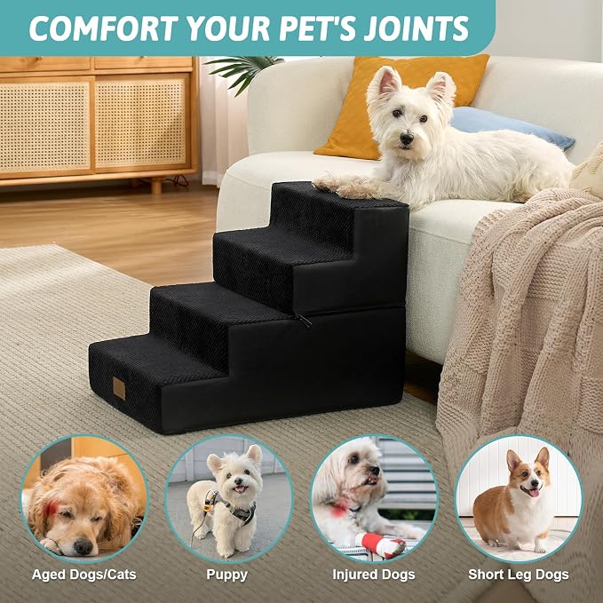 COZY KISS Dog Stairs for Small Dogs, 4 Tier Removable Wider Pet Stairs for Couch and Bed, 17.7" H Dog Steps for Old Cats, Puppy, Small Dogs, 17.7x23.6x17.7 inch, Black