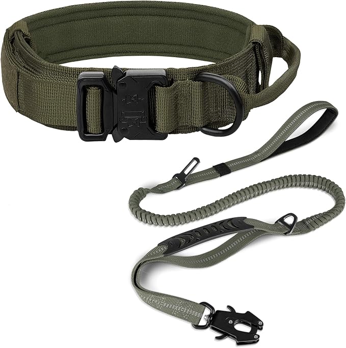 Joytale Tactical Dog Collar and Leash Set, Adjustable Strong Collar with Handle and Shock Absorbing Bungee Leash for Medium Dogs (ArmyGreen, M)
