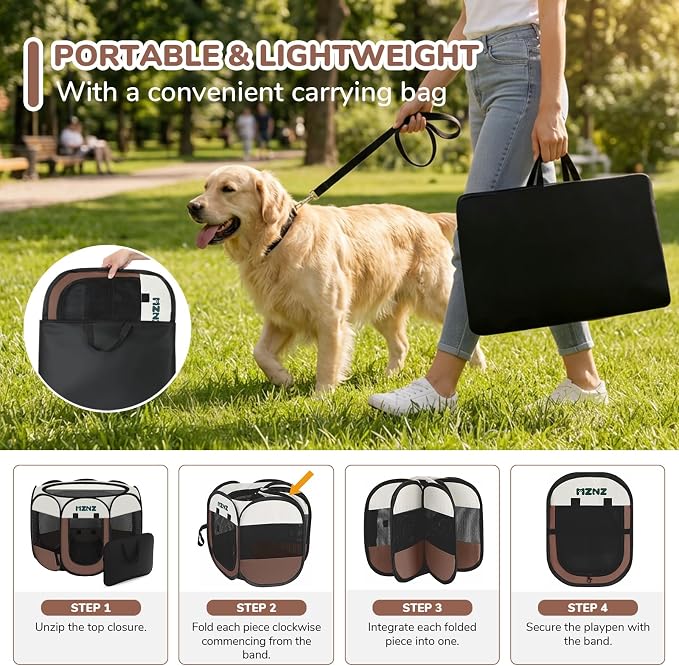 Dog Cat Playpen, Portable Small Animal Playpen Crate Indoor for Dogs Cats Rabbits, Foldable Guinea Pigs Bunny Cage Enclosure for Outdoor, Pop Up Dogs Cats Tent Kennel with Carrying Case, Brown