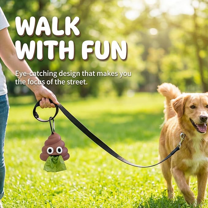 Dog Poop Bag Holder for Leash, Cute Poop Shape Design, Sturdy Dispenser Includes 1 Roll 15 Waste Bags