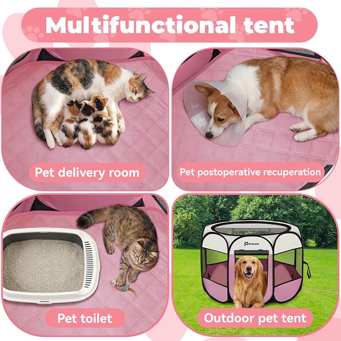 Dog Cat Playpen Indoor Outdoor for Puppy Pet Dogs Cat Recovery After Surgery, Dog Tent Crates Cage Indoor/Outdoor, Portable Pop Up Kennel with Carrying Case for Travel (Pink with Pad, Large)