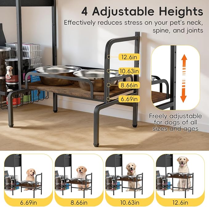 Elevated Dog Bowl Stand, Adjustable Raised Dog Stand, Pet Feeding Station Cabinet with Storage Organizer, Large Toy Bin Basket, Lifted Food and Water Bowl Holder for Large Medium Small Breed
