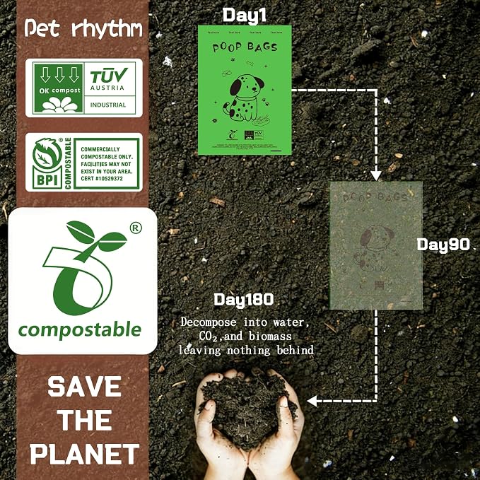 Dog Poop Bags Rolls-Biodegradable dog poop bags, Compostable Dog Waste Bags, ASTM D6400 & EN 13432 Compliant BPI Certified Pet Waste Bags. Earth Friendly 450 waste bag including dispenser