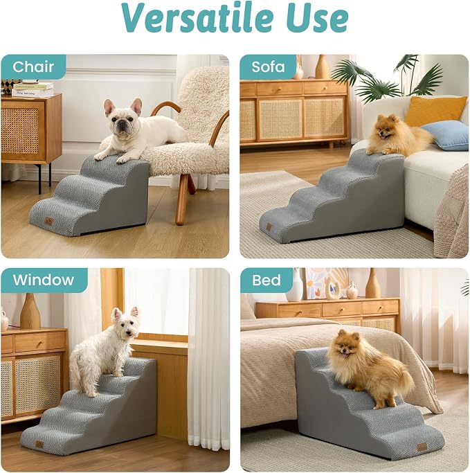 COZY KISS Dog Stairs for Small Dogs, 3 Step Pet Stairs for Beds & Couches | 13" H Curved Non-Slip Foam Dog Steps with Washable Cover for Puppies, Older Cats & Small Dogs, 15.7x19.7x13 in, Gray