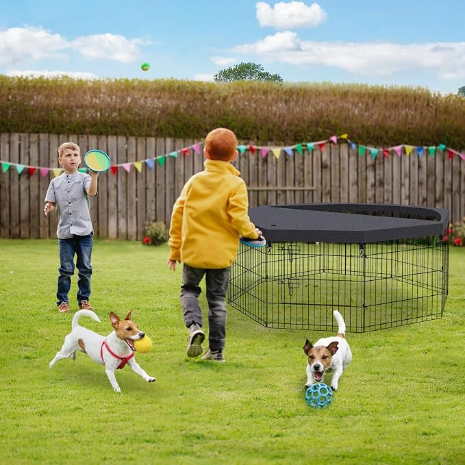 Artmeer Pet Playpen Puppy Playpen Kennels Dog Fence Exercise Pen Gate Fence Foldable Dog Crate 8 Panels 24 Inch for Pet Animals Outdoor Indoor with Top Cover (Black with Top Cover)