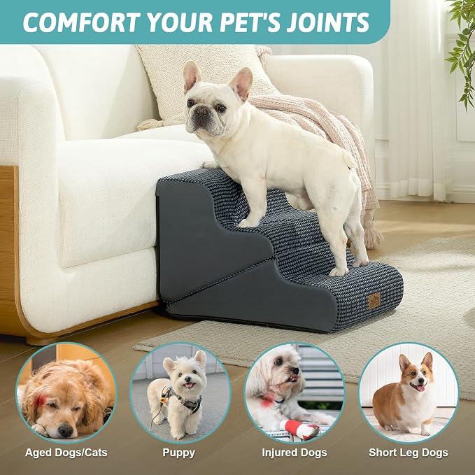 COZY KISS Dog Stairs for Small Dogs, 3-Step 2-in-1 Dog Steps,15.7" H | 3-step dog stairs and ramps for Old Cats, Puppy, Small Dogs,Non-Slip Base,for Couch & Bed, Dark Grey