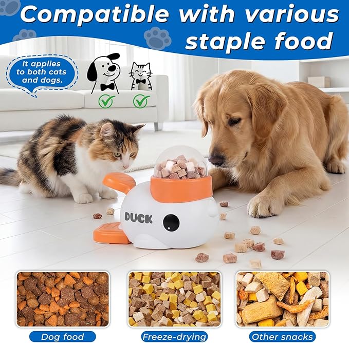 2-in-1 Duck Shaped Interactive Dog Toy Food Puzzle Slow Feeder (White/Blue Duck Shaped with Button), cat Snack Dispenser, Reduces Bloating in Small Animals, Dog Puzzle Feeder
