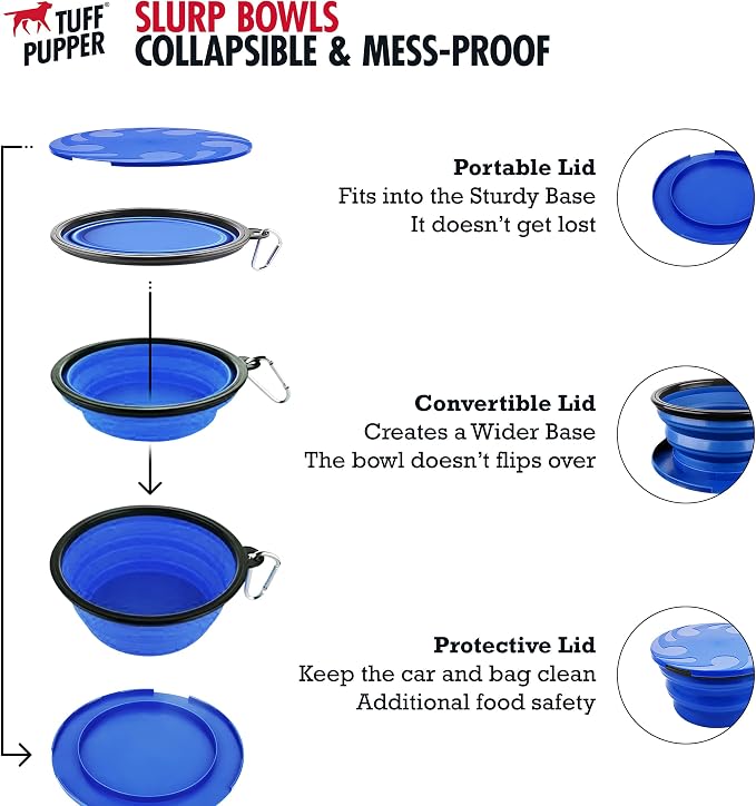 Tuff Pupper SuperBigSlurp Collapsible Dog Bowls, Two Pack, Blue, 100oz