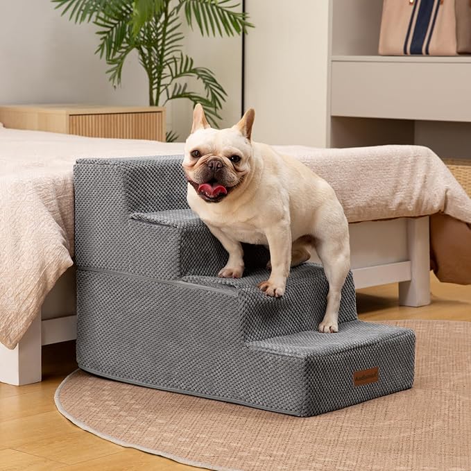 Aodisman Dog Stairs for Bed 18.5" H, 4-Step Dog Steps for Small Dogs and Cats, Indoor Non-Slip Balanced Pet Stairs are Suitable for Puppy, Older Cat,Gery