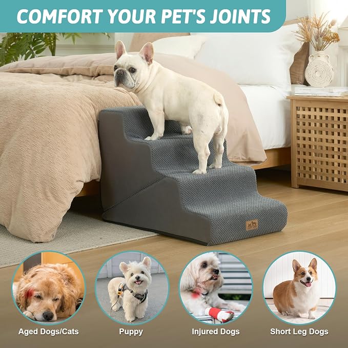 COZY KISS Dog Stairs for Small Dogs, 4-Step 2-in-1 Dog Steps,19.7" H | 4-step dog stairs and ramps,Non-Slip Base,for Couch & Bed, Dark Grey