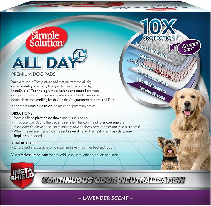 Simple Solution All Day Dog Pads, Disposable Puppy Training Pads with Lavender Scent, Leak Proof Pet Pee Pads for Indoor Potty Training, Odor Control, Quick Dry Floor Protection, 23"x24", 50 Count