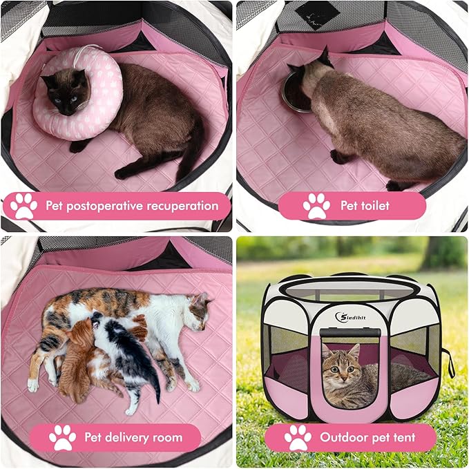 Siedihit Dog Cat Playpen, Puppy Pet Playpen Indoor for Small Dog Crate Tent Cage Outdoor, Portable Pop Up Dogs Enclosure Kennel with Carrying Case for Dogs/Cats/Rabbits(Pink, Small with pad)
