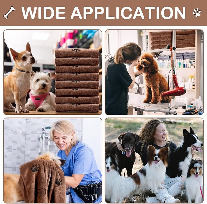 Chumia 8 Pcs Dog Towels for Drying Dogs Cats Pet Towels Bulk Puppy Microfiber Fast Drying Paw Bath Bathing Supplies Absorbent for Medium Pets(40 x 24 Inch,Dog Paw and Bone,Coffee)