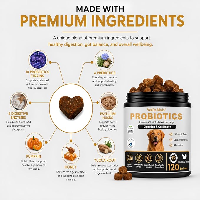 VetDr.Mois® Probiotics for Dogs, 120 Soft Dog Probiotic Chews for Dogs Gut Health Digestive & Immune Support, Dog Probiotics for Yeast Itchy Skin with Digestive Enzymes, Constipation & Diarrhea Relief