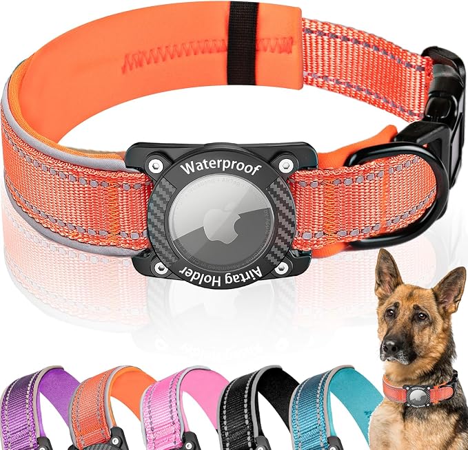 Upgrade Dog Collar with AirTag Holder, IP68 Waterproof, Orange, M | 1000D Nylon, Reflective Stitching for Night Visibility, Adjustable Soft Padded, Ultra-Durable, for Small Medium Large Dogs