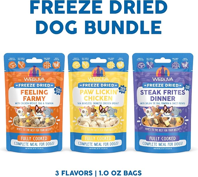 Sampler of all Weruva Freeze Dried Dog Food Recipes, Feeling Farmy, Paw Lickin Chicken, and Steak Frites Dinner (3 Pack, 1oz Bags)