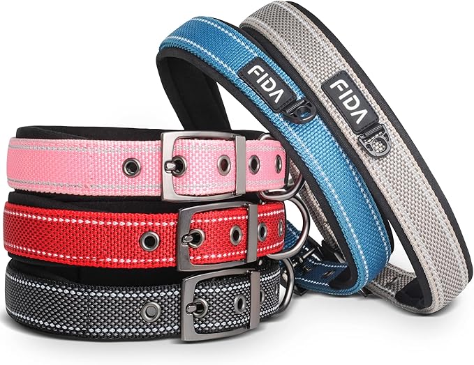 Fida Heavy Duty Dog Collar for Medium Dogs with Metal Belt Buckle, Black | Soft Neoprene Padded for Extra Comfort, Thicker Nylon Webbing, Adjustable Fit, Reflective Stitching for Night Safety