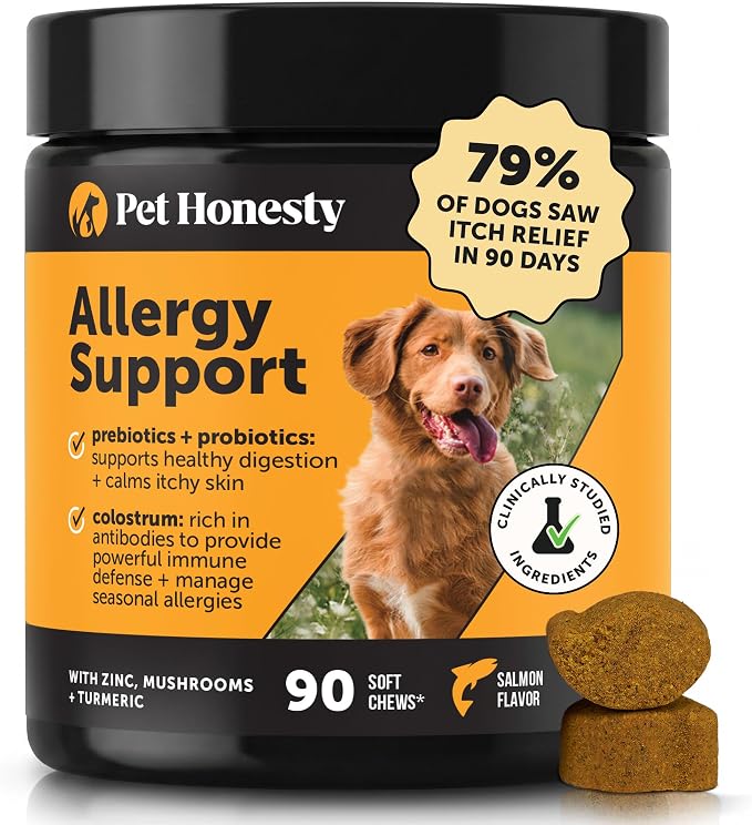 Pet Honesty Dog Allergy Chews - for Paw Licking, Itching & Seasonal Allergies - with Colostrum, Probiotics & Salmon Oil - Vet Recommended Itch Relief Supplement for Dogs (Salmon, 90 Ct)