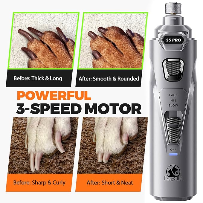 Whisper Quiet Dog Nail Grinder with 4 LED Lights, 3-Speed, Grey