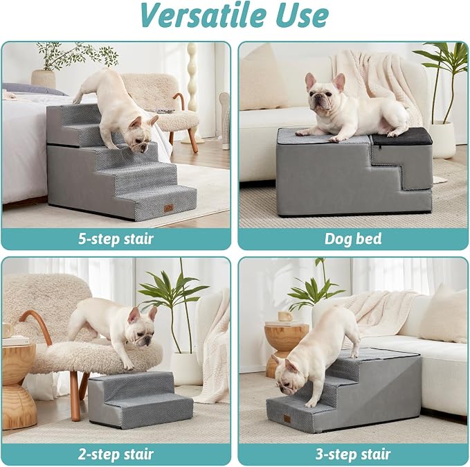 CCOZY KISS Dog Stairs for Small Dogs, 5 Tier Removable Wider Pet Stairs for Couch and Bed, 23.6" H Non-Slip Dog Steps for Puppies and Old Cats with Support Board, 19.7x29.5x23.6 inch, Grey