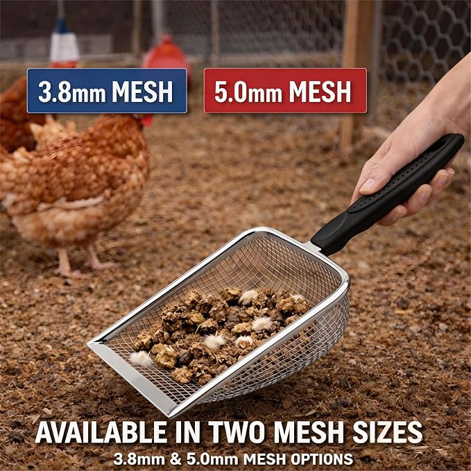 Chicken Poop Scooper 2 Pack, Stainless Steel Chicken Coop Scoop with 3.8mm & 5mm Mesh, Metal Litter Scoop for Chicken Coop Cleaning, Cat Litter Box and Sand (Black, 2pack)