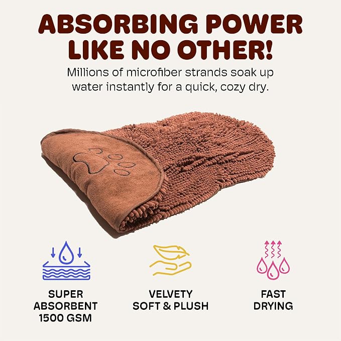 Dog Gone Smart The Dirty Dog Shammy - Fast Drying Plush Shammy Towel with Dual Hand Pockets and Elastic - Super Absorbent Polyamide Microfiber & Machine Washable - Brown, X-Large