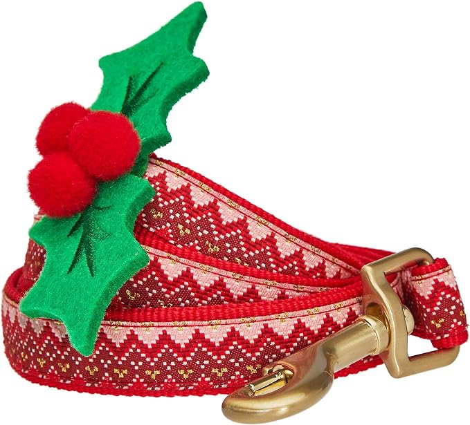 Blueberry Pet Christmas Zigzag Chevron Dog Leash with Holly Décor, 5 ft x 5/8", Small, Leashes for Dogs