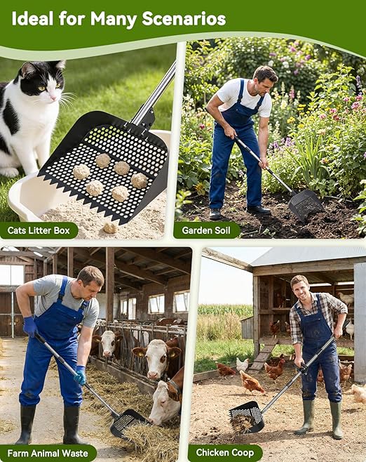 2-in-1 Chicken Poop Scooper & Rake, 12" Wide Metal Chicken Coop Scooper, 3-Way Adjustable Head, 39/51/67" Long 304 Stainless Steel Handle & Gloves, Non-Stick Sand Sifting Shovel for Backyard Farm Barn