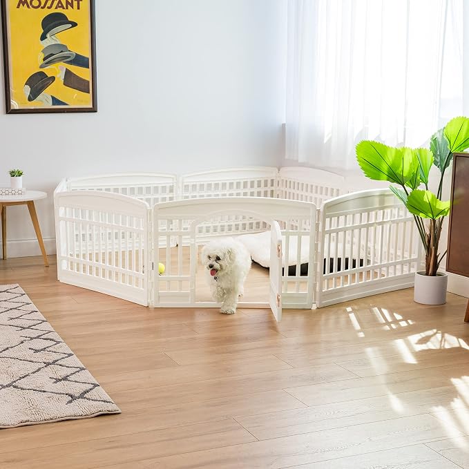 IRIS USA Dog Playpen with Door, 24” 8 Panel Pet Exercise Pen – Indoor Outdoor Puppy Play Pen, Portable Plastic Pet Fence for Small Medium Dogs, Foldable 83.5” x 83.5” x 24”, White