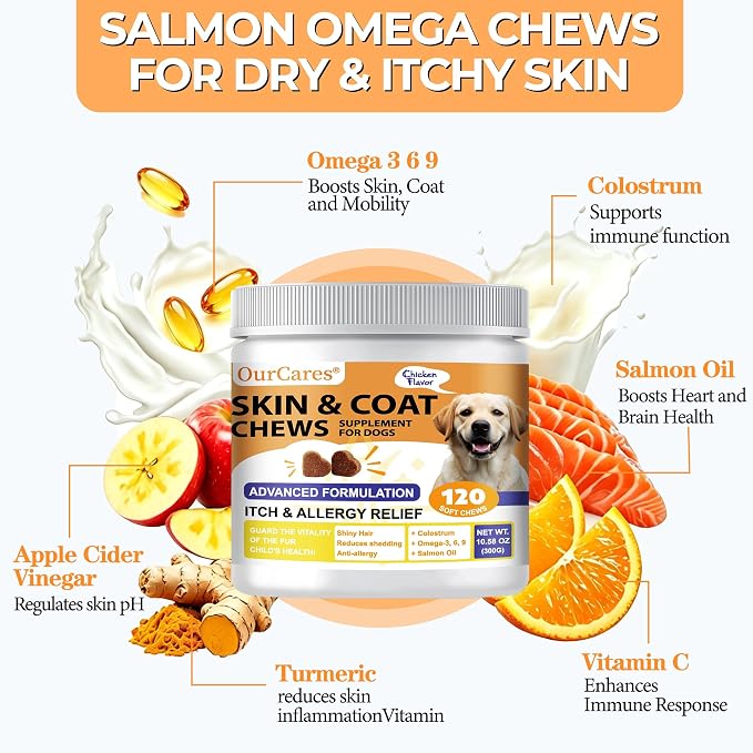 Skin and Coat Supplement for Dogs, Omega 3 Fish & Salmon Oil with EPA & DHA, Colostrum Support Skin & Coat Healthy, Itchy Dog Allergy May Reduce Shedding, Chicken Flavor, 120 Ct