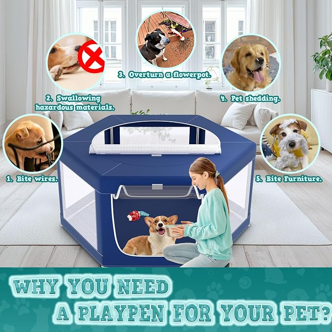 XVISHX 45x45 Inches Hexagonal Type Puppy Playpen, Dog Playpen for Puppies or Small Dogs, DogFence Pet Playpen for Indoor & Outdoor, Sturdy Safety Dog Pen with Thickened Fabric, Breathable Mesh