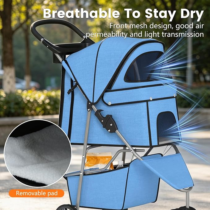 BestPet 3-Wheel Pet Stroller - Blue, Breathable Mesh