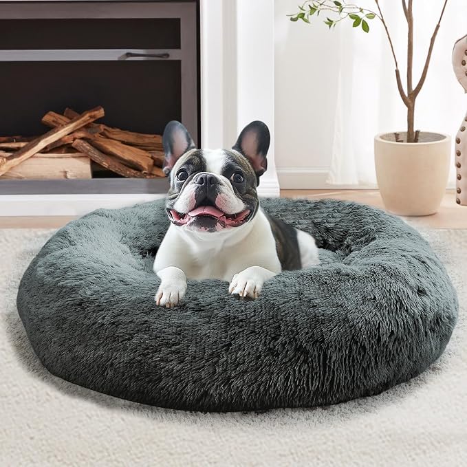 JOLLYVOGUE 23" Calming Donut Dog & Cat Bed, Navy Grey