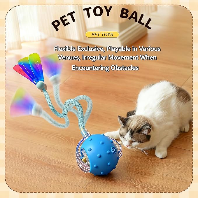 Automatic Chirping Cat Ball, 3 Interchangeable Tails for Indoor Cats, Pink | Self-moving interactive cat toy, entertains bored kittens, automatic self-play enrichment for indoor cats