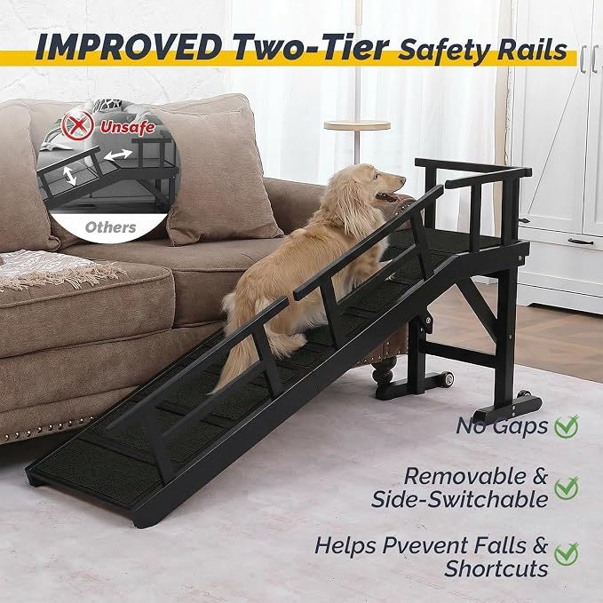 Dog Ramp for Bed or Couch, Wooden Pet Ramp with 20° Gentle Slope, Removable Side Rails, Non-Slip Surface, Top Platform & Wheels, Safe Bed Ramp for Small, Large & Senior Dogs, 60" Long, Black