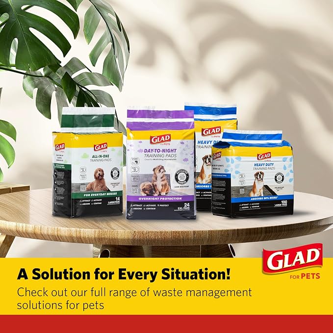 Glad for Pets Day to Night Activated Carbon Puppy Training Pads, Odor Control Disposable Dog Pads with Adhesive and Wall Protection, Leak Proof and Super Absorbent, 30 x 36 Inch, 24 Count - 6 Pack