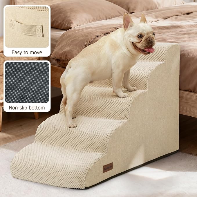 Aodisman Dog Stairs for Bed 22.4”H,5-Step Dog Ramp for Small Dogs & Cats,Pet Steps for Dogs to get on High Bed, Indoor Anti-Slip Pet Stairs for Old Cats and Puppy,Beige