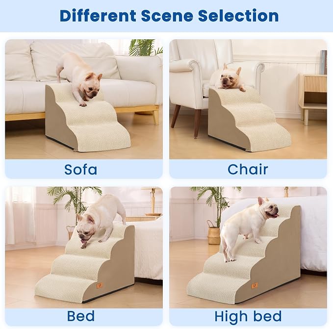 Dog Stairs for Small Dogs and Cats,Non-Slip 3 Step Pet Ramp for Couch,Khaki | High-Density Foam Support with a Gentle 3-Step Design for Easy, Comfortable Access to Couches and Sofas