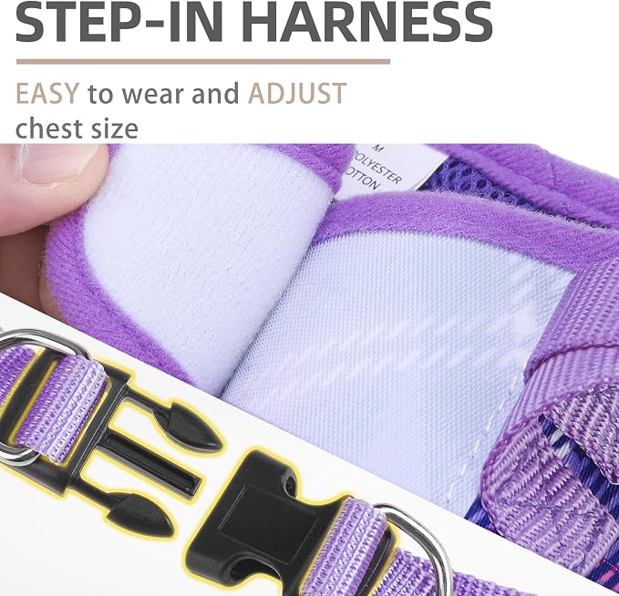 PUPTECK Dog Harness and Leash Set for Small Medium Dogs No Pull Step-in Soft Mesh Puppy Cat Vest Harnesses Reflective at Night, Plaid Pattern Purple S
