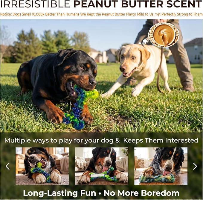 Kseroo Dog Chew Toys, 3-Pack, Peanut Butter, Medium & Large Dogs, Green | Indestructible, Heavy Duty, Rock-Hard Solid Nylon Bones for Medium/Large Dogs 25-100lbs, Tough, Long-Lasting, Keep Them Busy